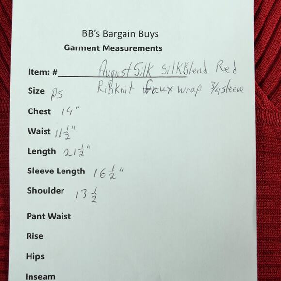 August Silk Red Rib Knit Stretch Faux Wrap Sweater Petite S Silk Blend - Picture 7 of 7